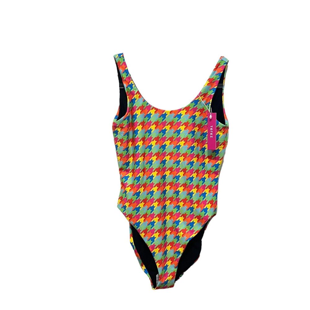 Terez Swimsuit One Piece Women Size Medium Tank Houndstooth Rainbow High Cut New